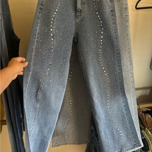 Embellished Blue Women's Jeans with Rhinestone Detail